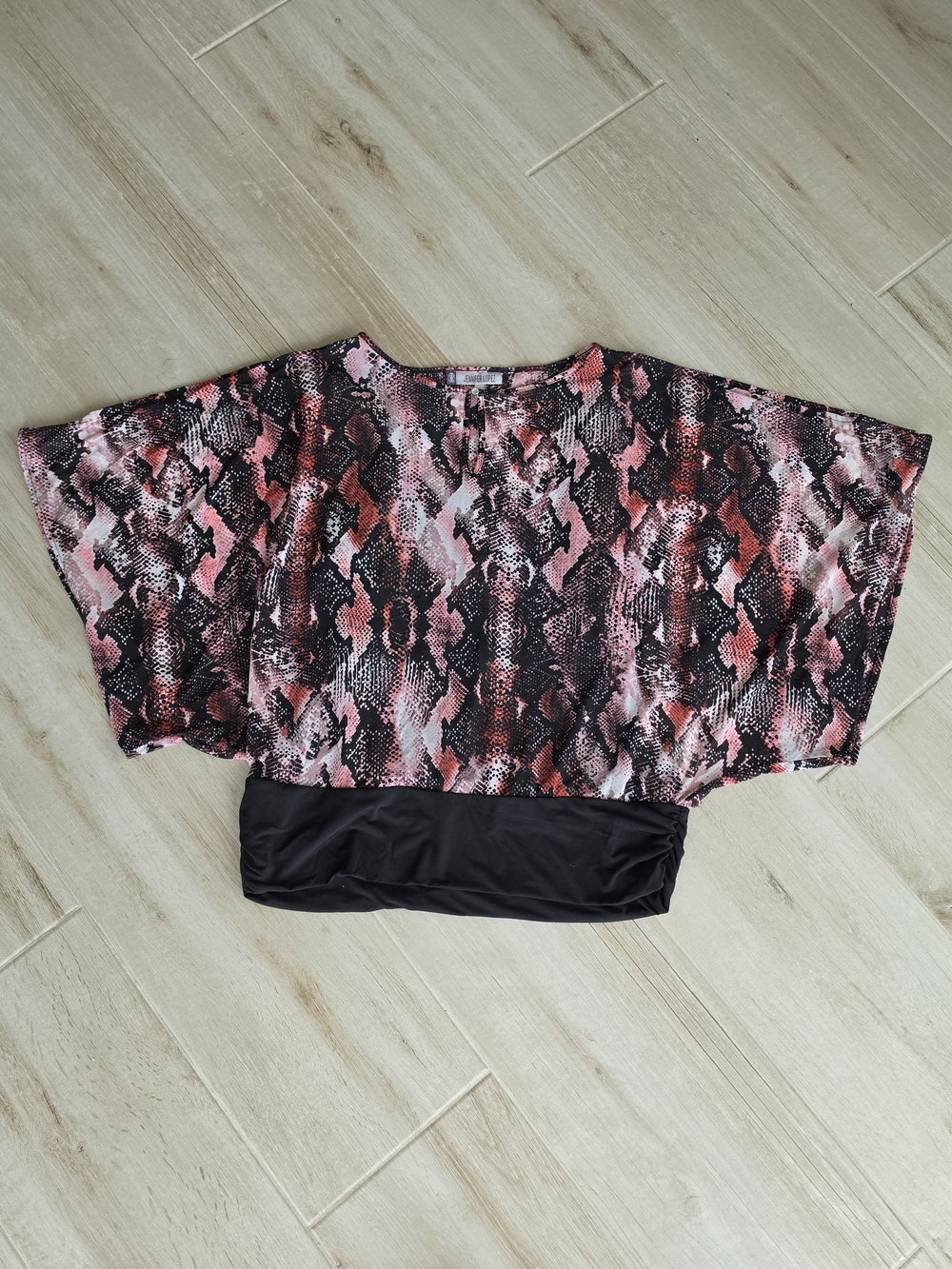 Jennifer Lopez Reptile Print Blouse Batwing Ruched Banded Bottom Boho Top XL